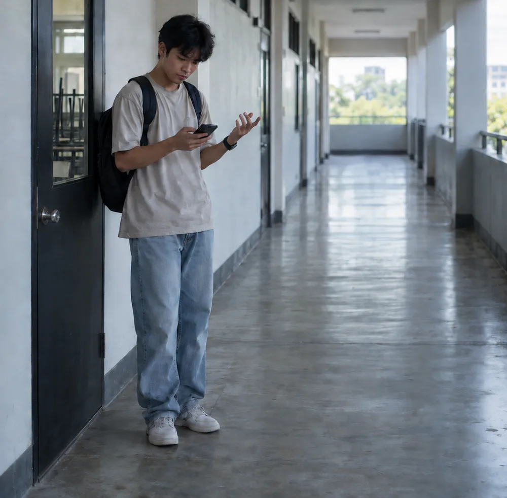 A student leaning against a classroom door in an empty corridor, looking at his phone after arriving for a class that was cancelled.